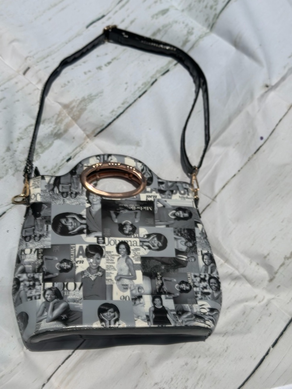 Black & White Michelle Photo-Collage Shoulder Bag with Rose Gold Ring Accent